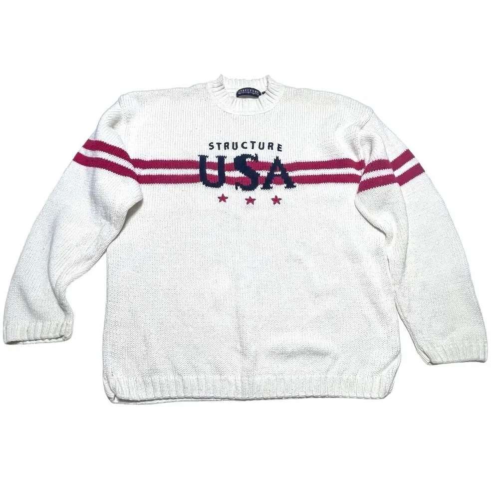 Structure USA‎ Off White Knit Sweater Red Blue Stripes Sz XL